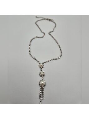 Vintage Rhinestones & Faux Pearl Tassel Drop Necklace Silver Tone 17''